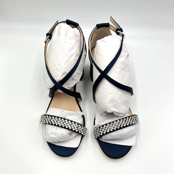 Nina Womens Size 6.5 Nora Navy Satin Jeweled Block‎ Heels Dress Sandals Shoes - Picture 2 of 13